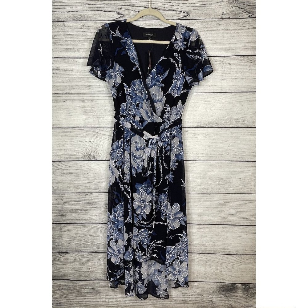 NWT R&M RICHARDS Navy Hi-Lo Belted Long Maxi Faux Wrap Dress Sz 6